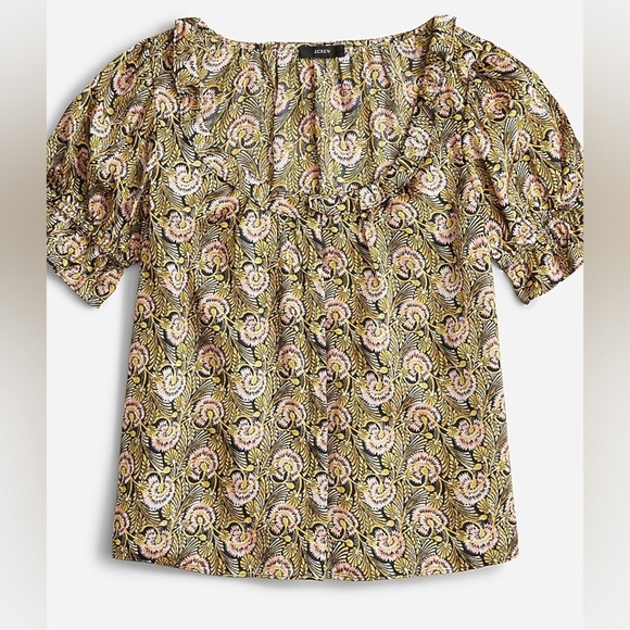 J. Crew Ruffle featherweight satin scoopneck top in dandelion swirl size small - Picture 1 of 9